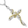 chaine et pendentif croix feuilles argent et or et zircons